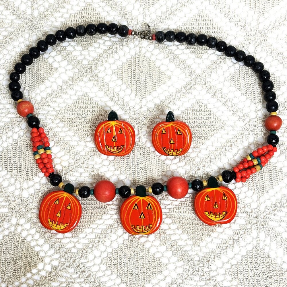 Halloween Holiday Season Pumpkin Set of Necklace Earrings Handcrafted